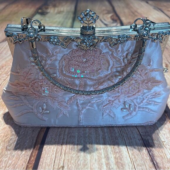 Pink embroidered sequin evening bag clutch handbag shoulder bag Preowned - Picture 4 of 10